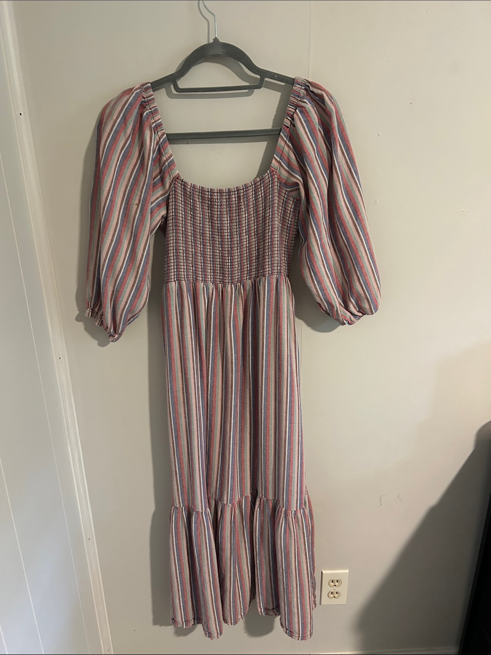 Marine Layer Striped Smocked Midi Dress — Red, Blue, White
